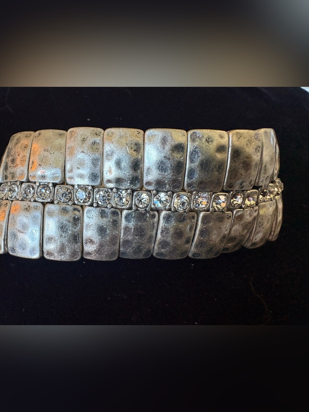 Gorgeous Brutalist Premier Crystal Stretch Bracelet Hammered Metal